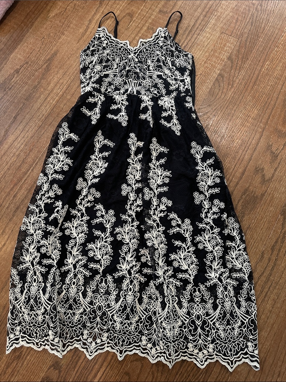 Black Lace Midi Dress with White Floral Embroidery